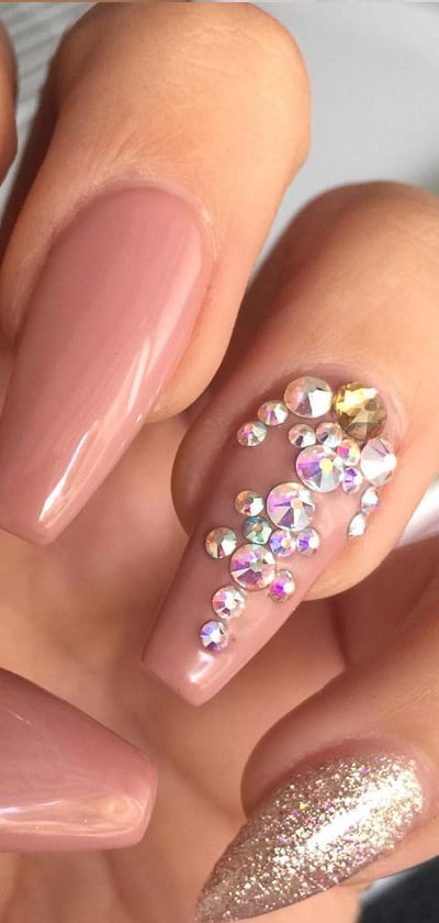 Nude Stiletto Nails With Little Gold Accents