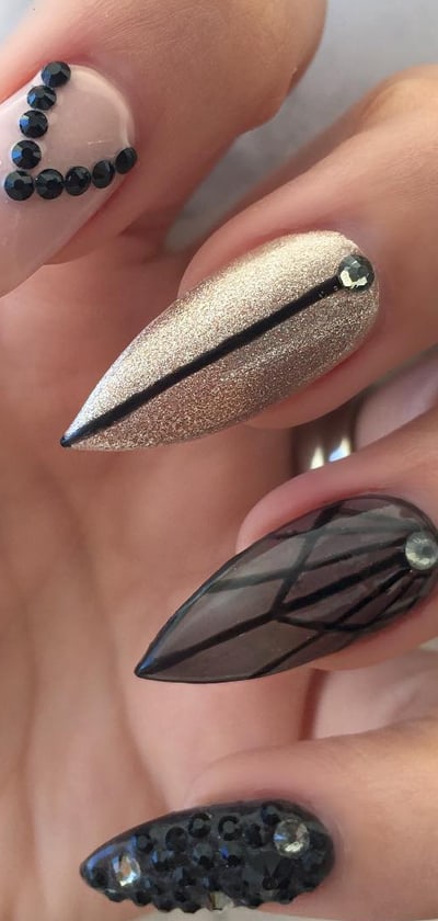 Black And Nude Nails With Gold Glitters