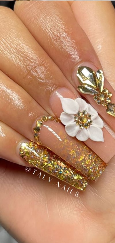Long Nude Nails With 3D Flowers And Rhinestones