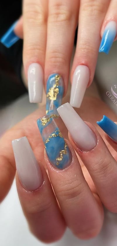 Baby Blue Coffin Nails With Gold Foil Accents