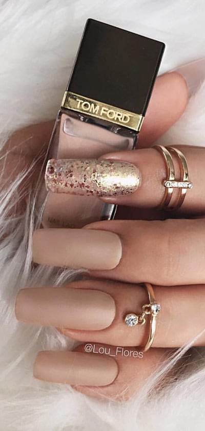 Nude Square Nails With Gold Flakes