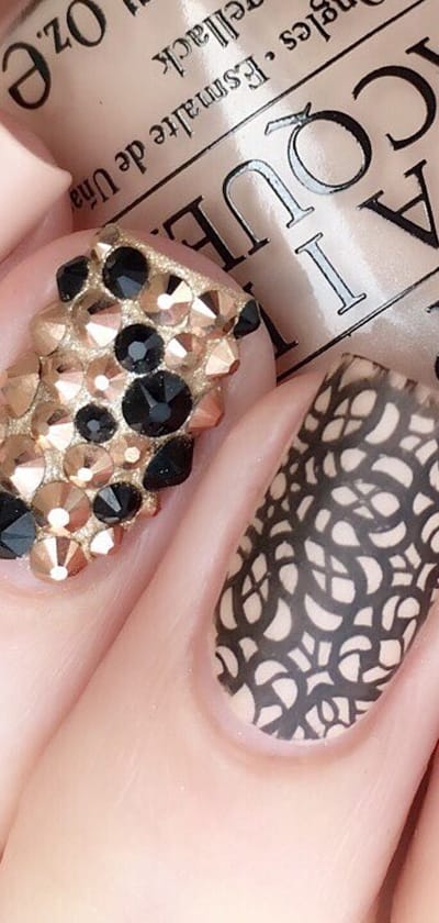 Floral Pattern Square Nails With Gold And Black Rhinestones