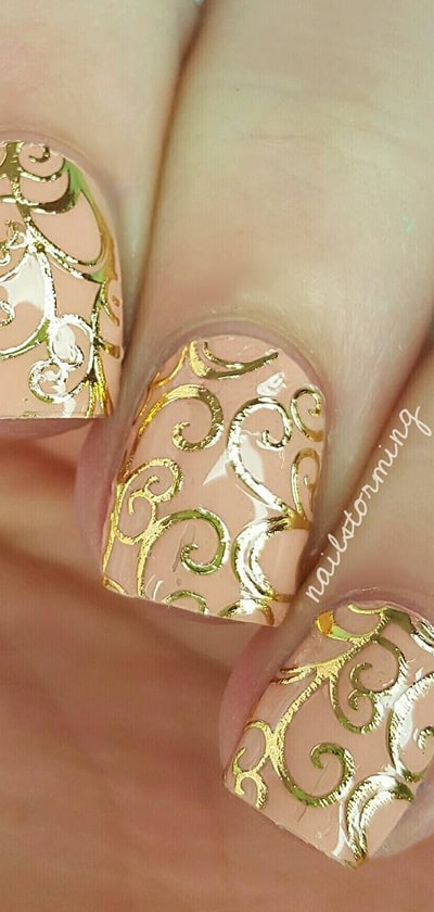 Nude Nails With Gold Floral Accents