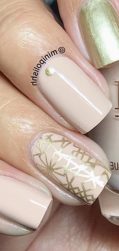 Nude Nails With Stamped Gold Accents