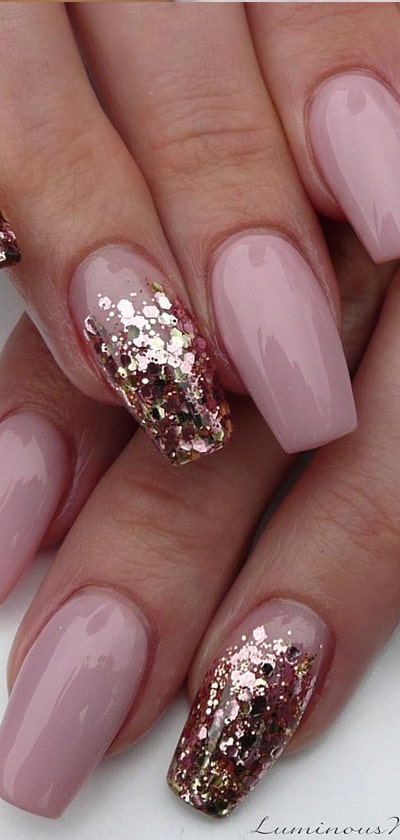 Nude Coffin Nails With Gold Flakes