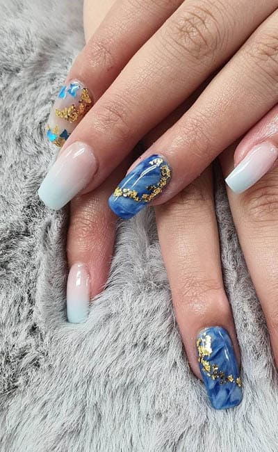 Nude Ombre Nails With Blue Marble And Gold Accents
