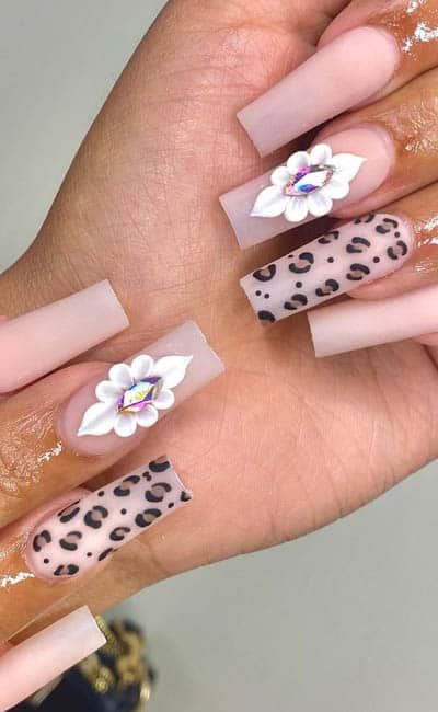 Nude Ombre Nails With Flowers And Animal Prints