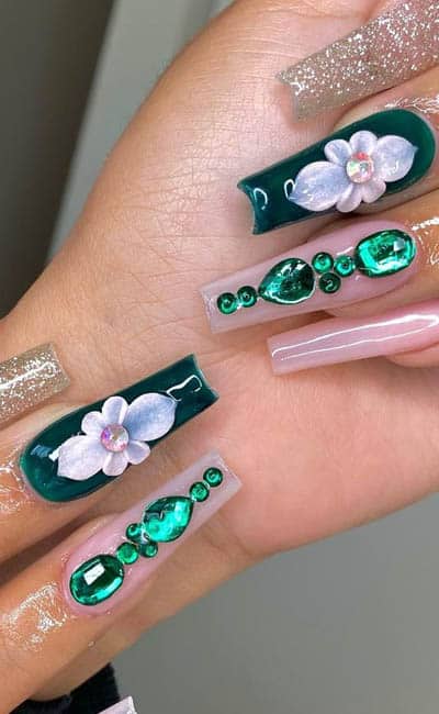 Nude Ombre Nails With Green Emerald And Flowers