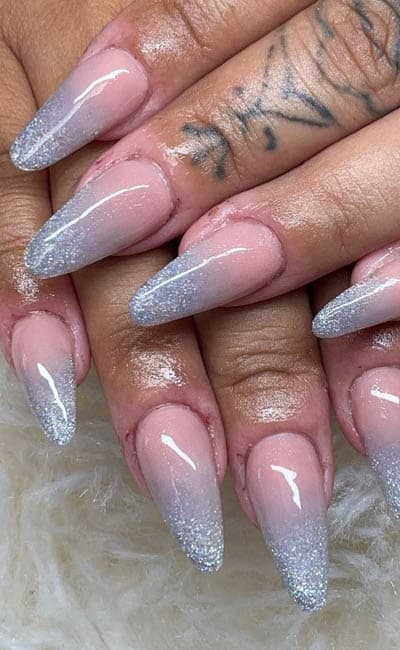Nude Ombre Almond Nails With Sliver Glitter Tips