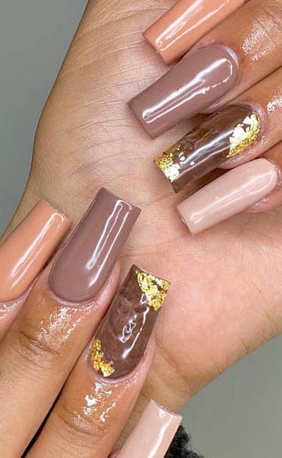 Nude Ombre Coffin Nails with Gold Accents