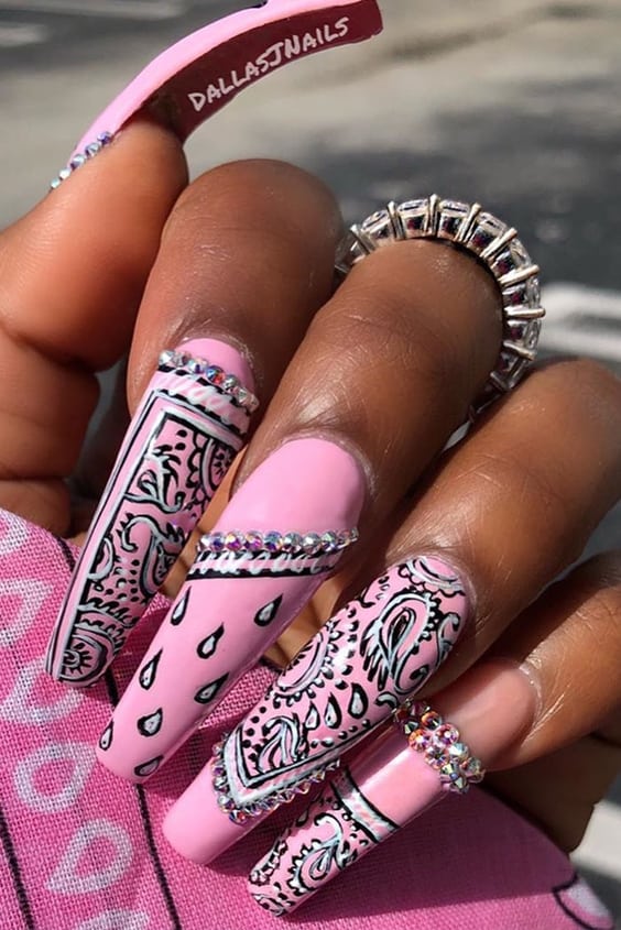 Long Pink Paisley Pattern Nails with Rhinestones