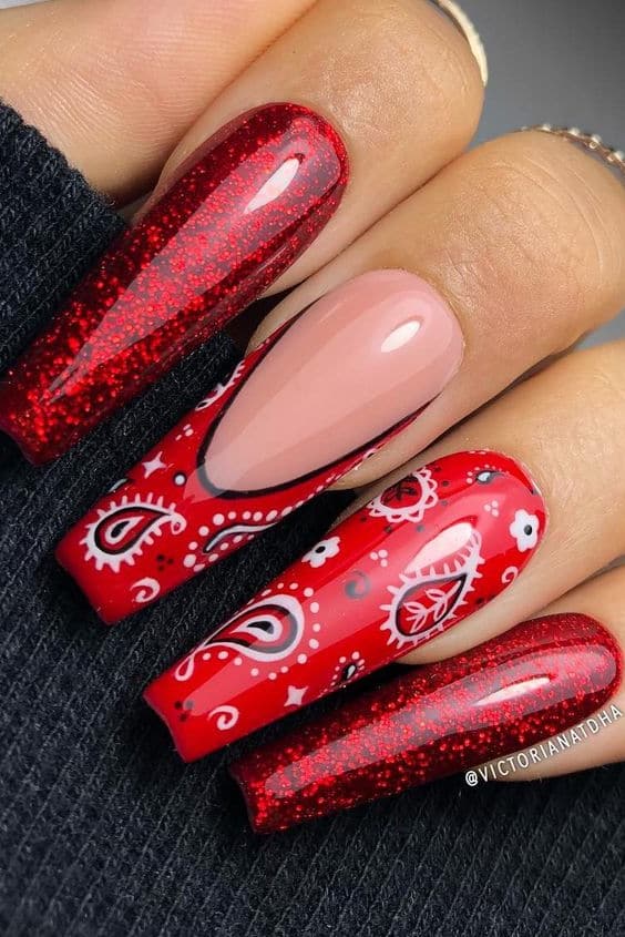 Amazing Long Red Paisley Nails With Red Glittery