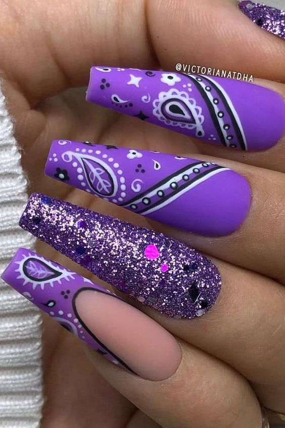 Matte Purple Paisley Nails