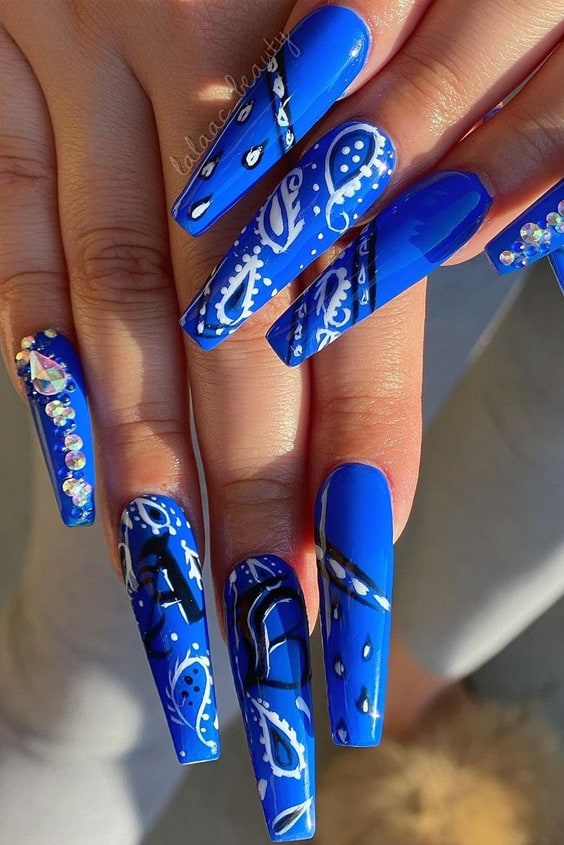 Stunning Long Blue Paisley Nails