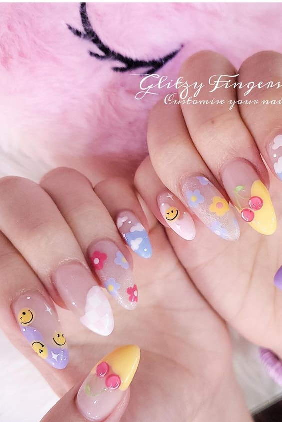 Cheerful Rainbow Nails With Clouds