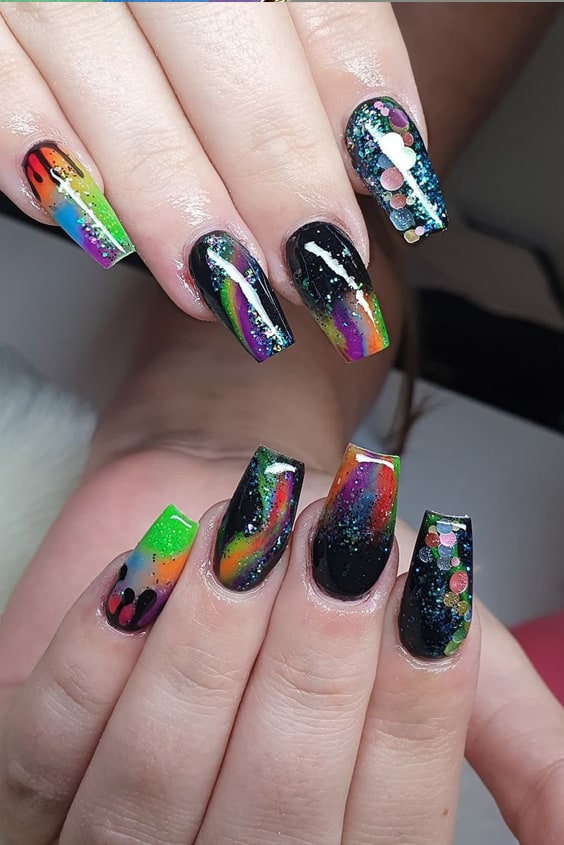 Black Rainbow Nails With Glitters
