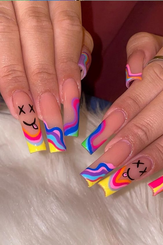 Long Rainbow Nails With Nude Base