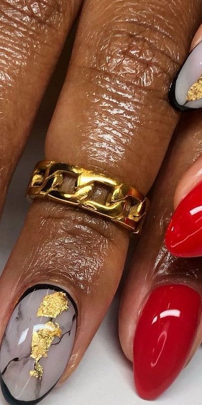 red and gold marble nails