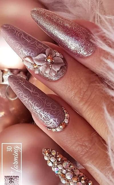 Rose Gold Nails With 3D Flowers and Rhinestones