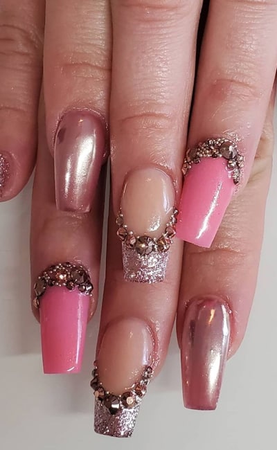 Shade of Pinks With Rose Gold Tips and Rhinestones