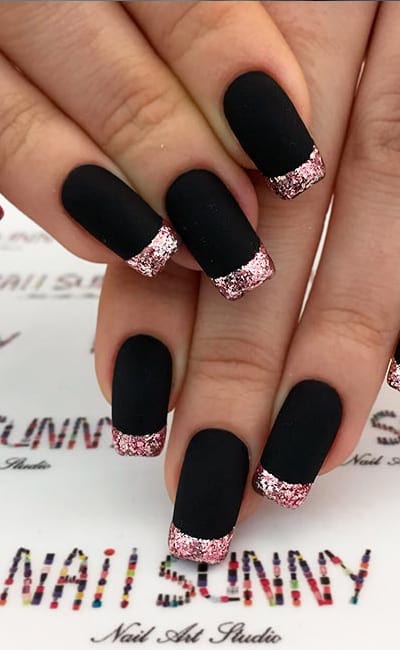 Black Nails With Rose Gold Glitter French Tips