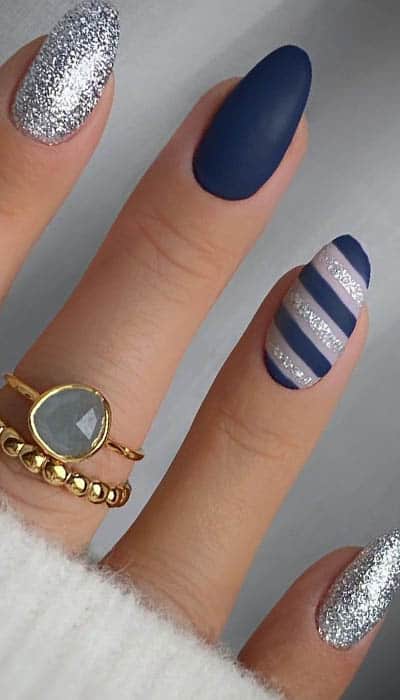 Dark Blue And Silver Nails