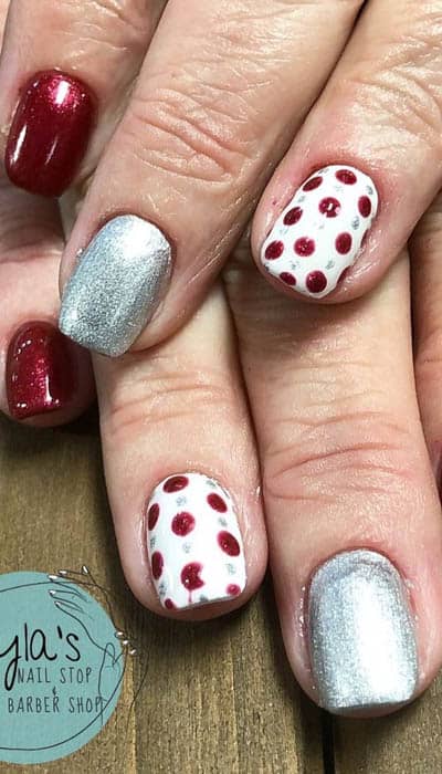 Silver Nails Matched With Red Polka Dots on White Nails