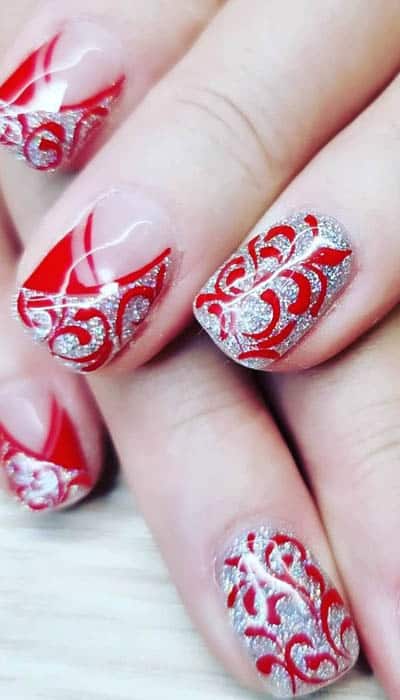 Silver Nails With Red Floral Accents