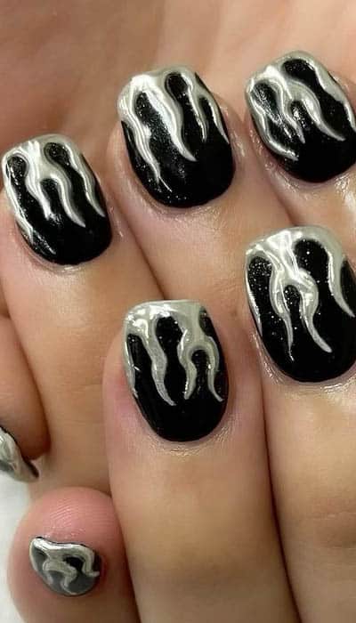 Black Nails With Sliver Flame Design
