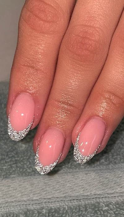 Nude Nails with Silver Glitter Tips