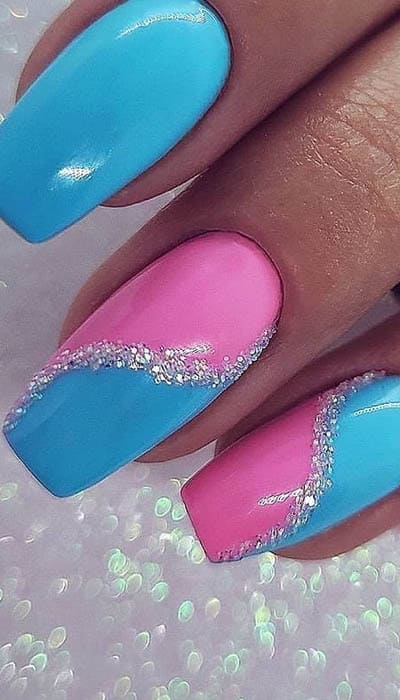 Baby Blue And Pink Nails With Sliver Accent