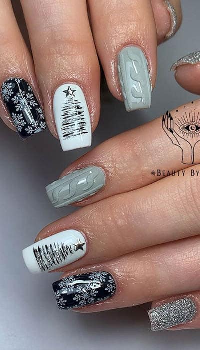 Black, White and Silver Nails With Snow Flakes Design