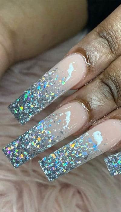 Nude Ombre Coffin Nails With Silver Glitters