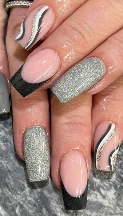 Silver And Nude Nails With Black Tips