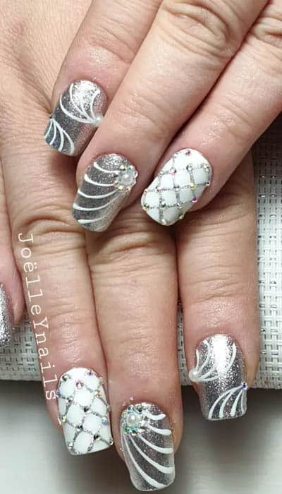 White Nails With Silver Grid Design