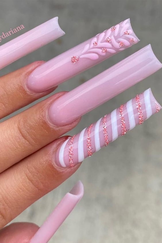 Pink Long Square Nails With Christmas Tree Design