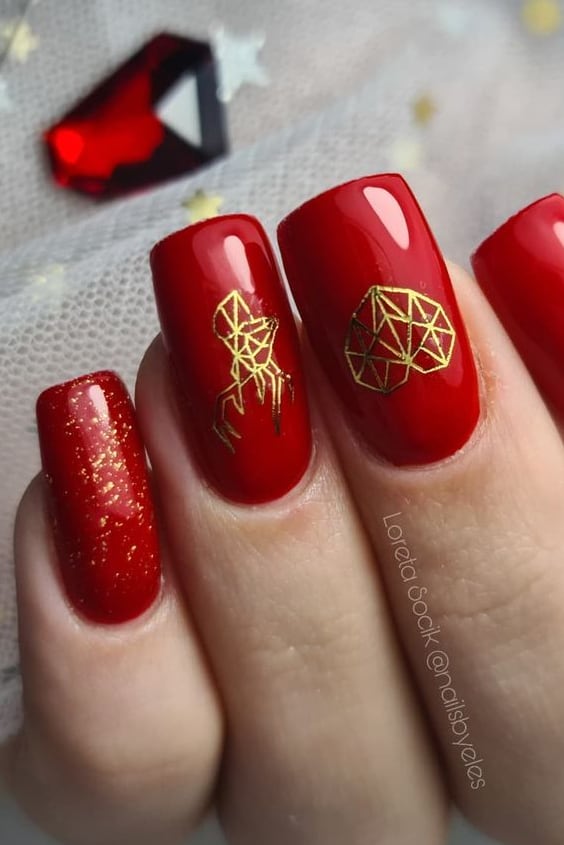 Bright Red Square Nails With Gold Geometric Objects