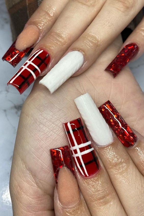 Long Red And White Square Nails