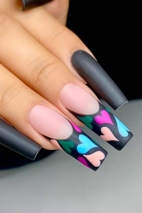 Long Matte Black Square Nails With Hearts