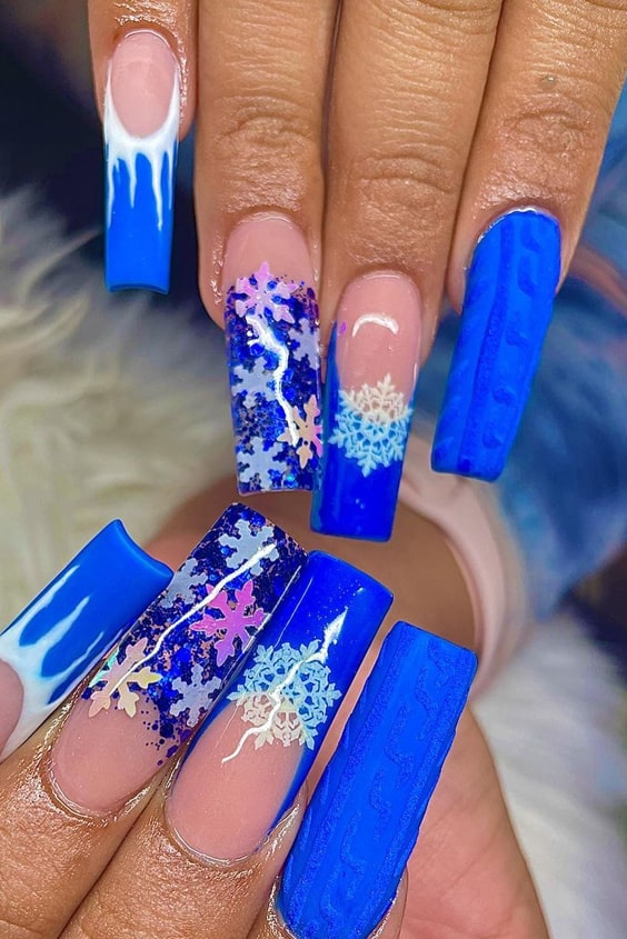 Snow Flakes Themed Blue Square Nails