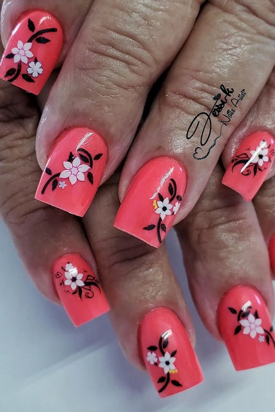 Paradise Pink Floral Square Nails