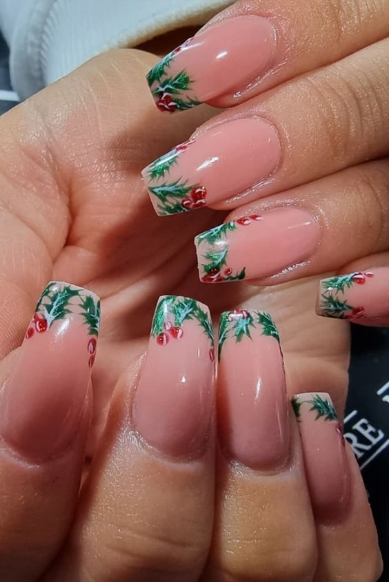 Nude Square Nails With Green Christmas Tree