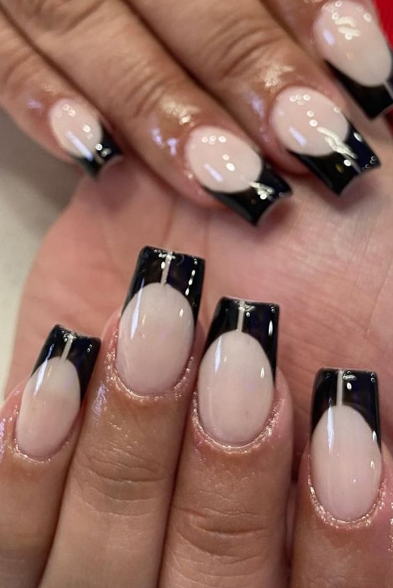 Nude Square Nails With Black French Tips
