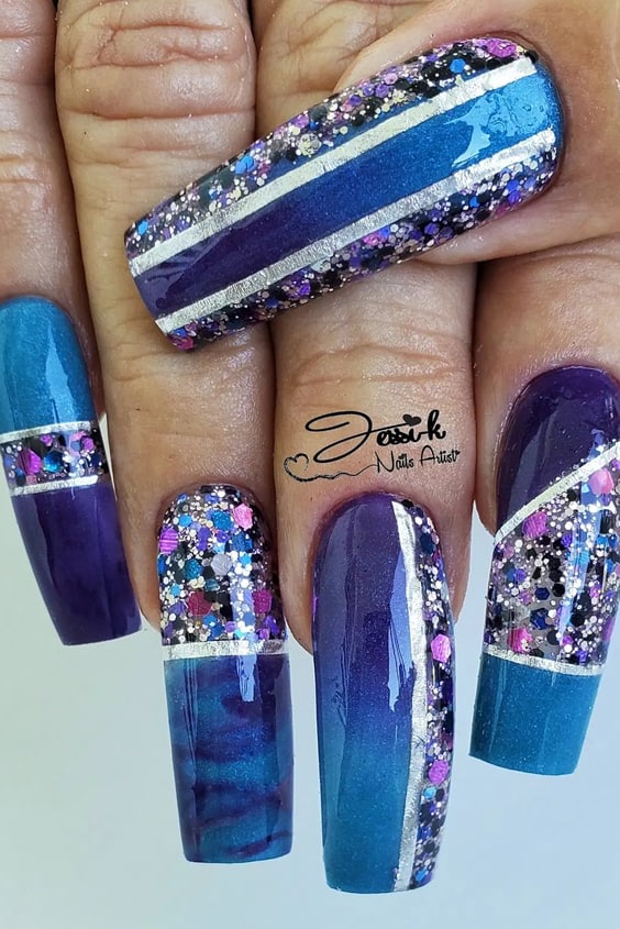 Blue Palette Square Nails With Silver Stripes