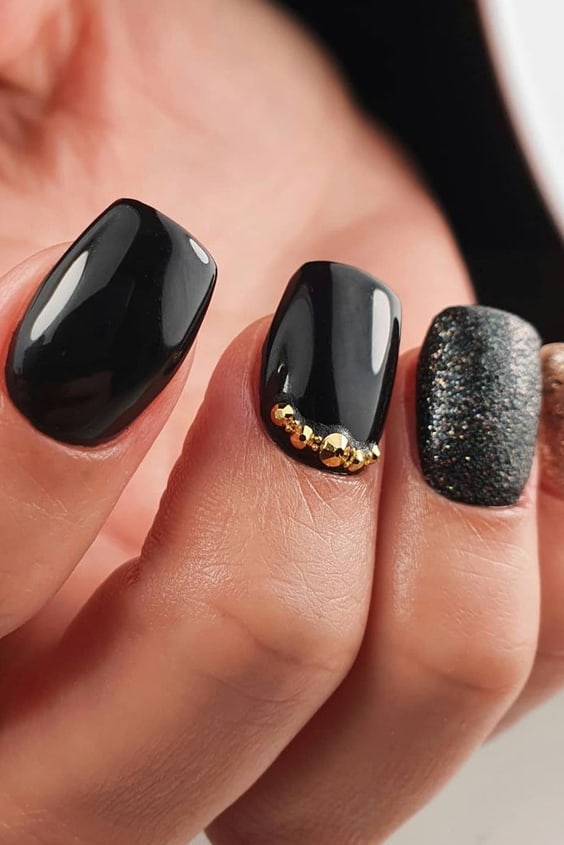 Black Square Nails With Gold Accent