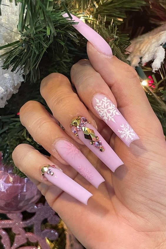 Long Pink Square Nails With Snow Flakes And Rhinestones