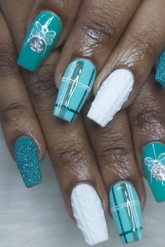 Shades Of Teal With Matte White Nails