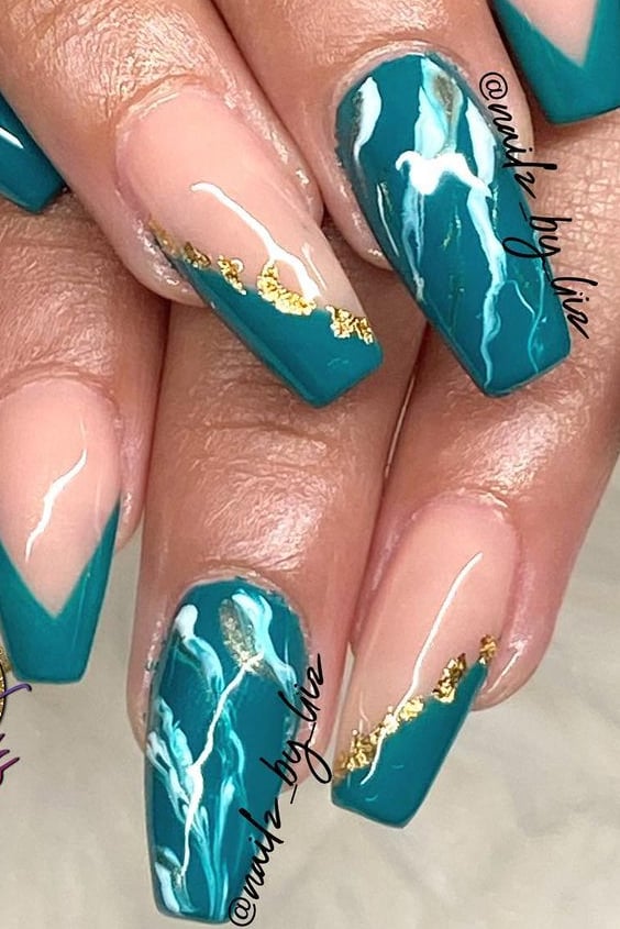 Teal Coffin Nails With Gold Foil