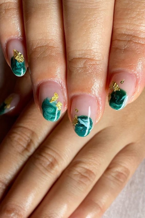Teal Coffin Nails With Gold Foil