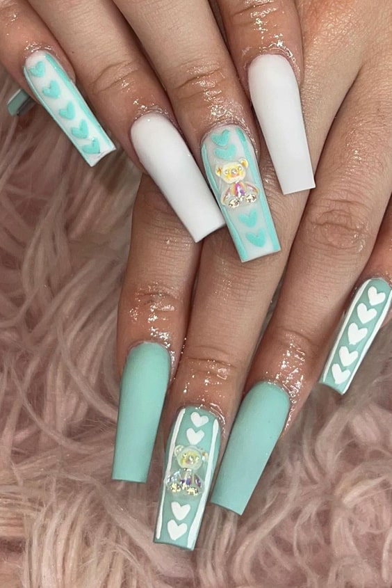 Long Square Teal And White Nails With Cute Teddy Bear